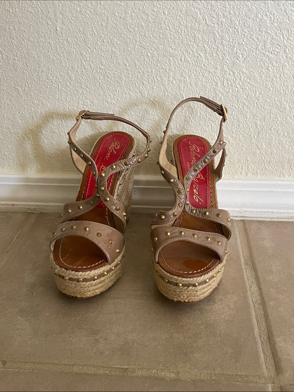 Paloma Barcelo Taupe Studded Espadrille Wedge Sandals
